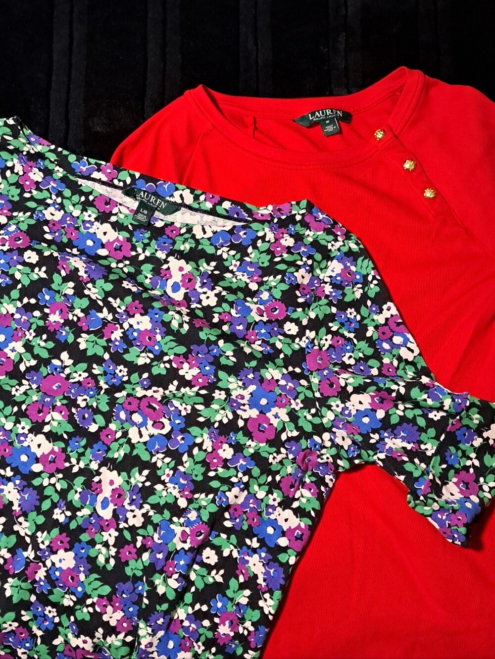 Ralph Lauren Womens Red Tee & Black Floral Short Sleeve Top Set